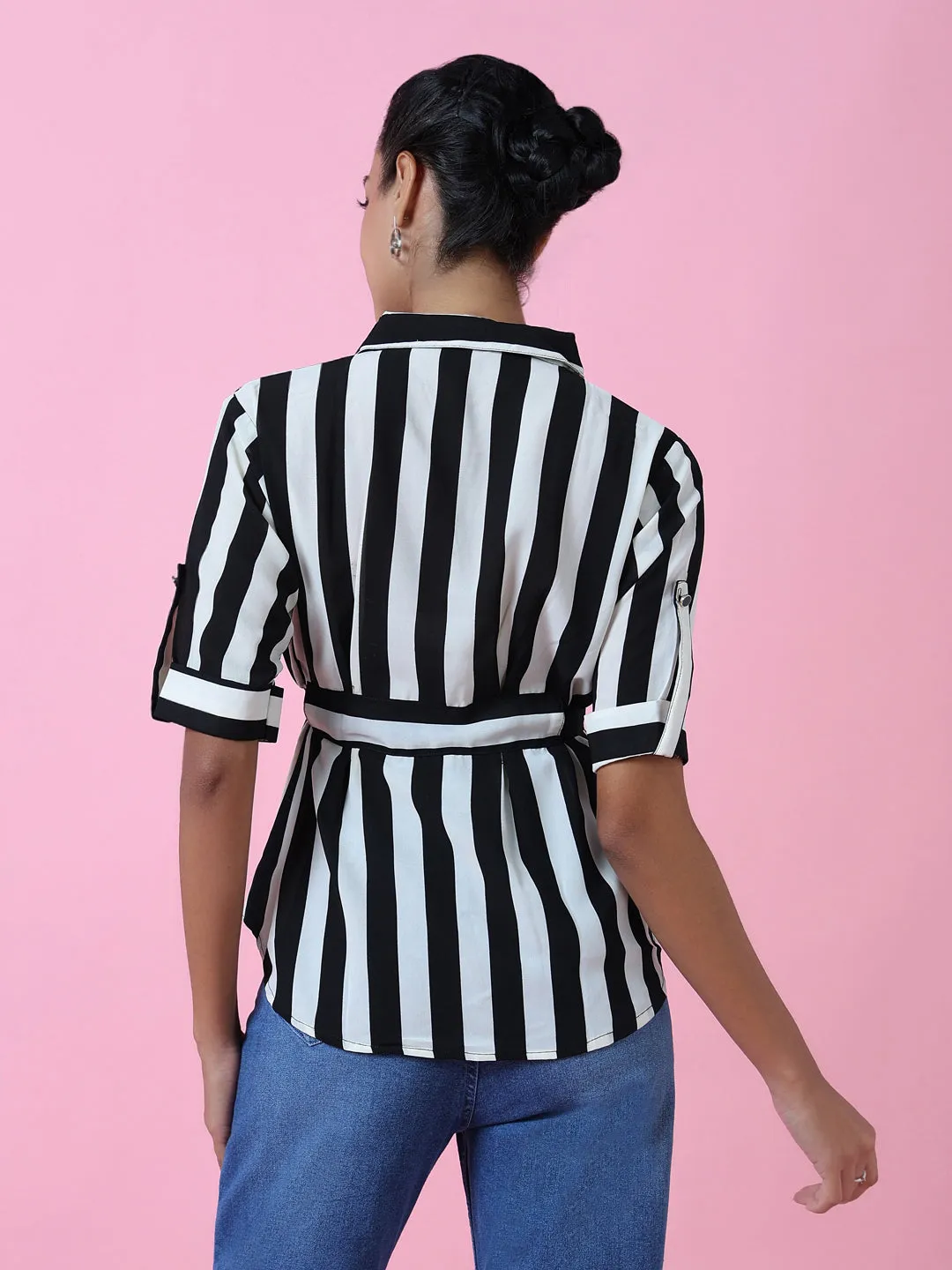 Women Black Striped Slim Fit Shirt