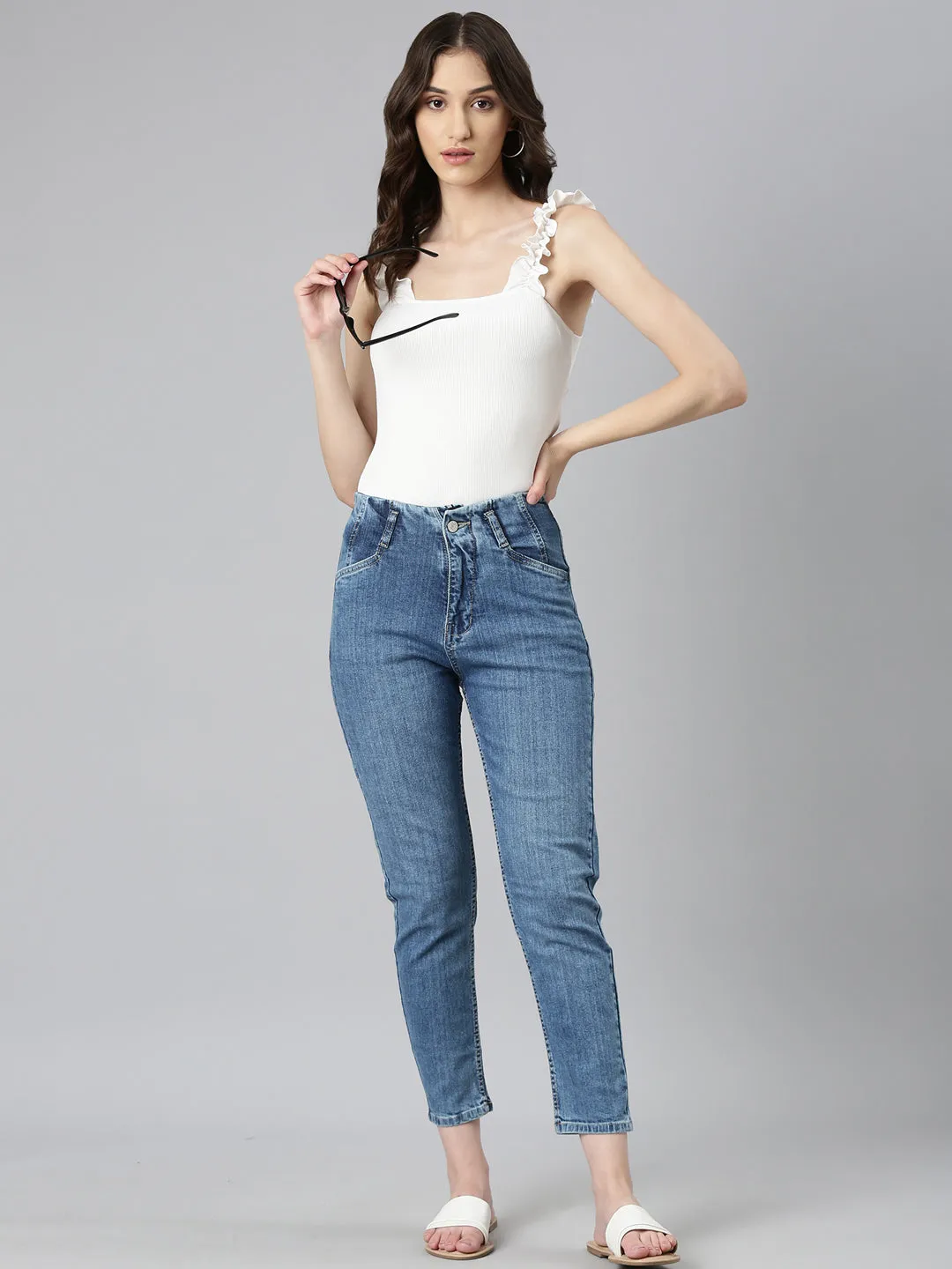 Women Blue Solid Slim Fit Denim Jeans