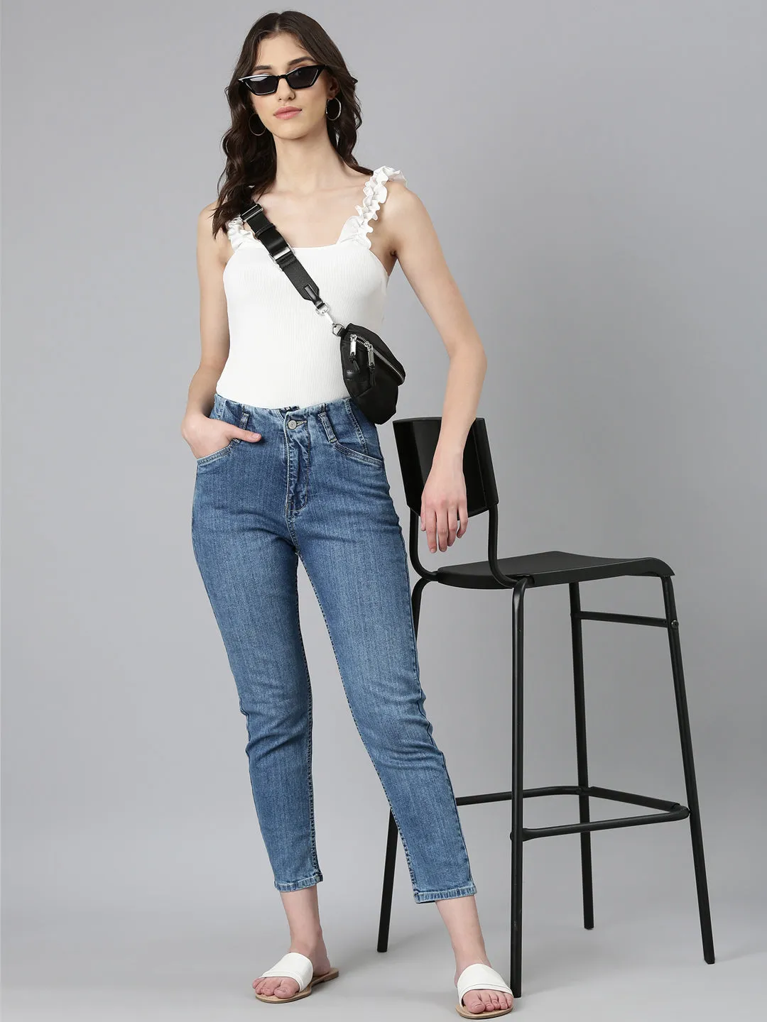 Women Blue Solid Slim Fit Denim Jeans