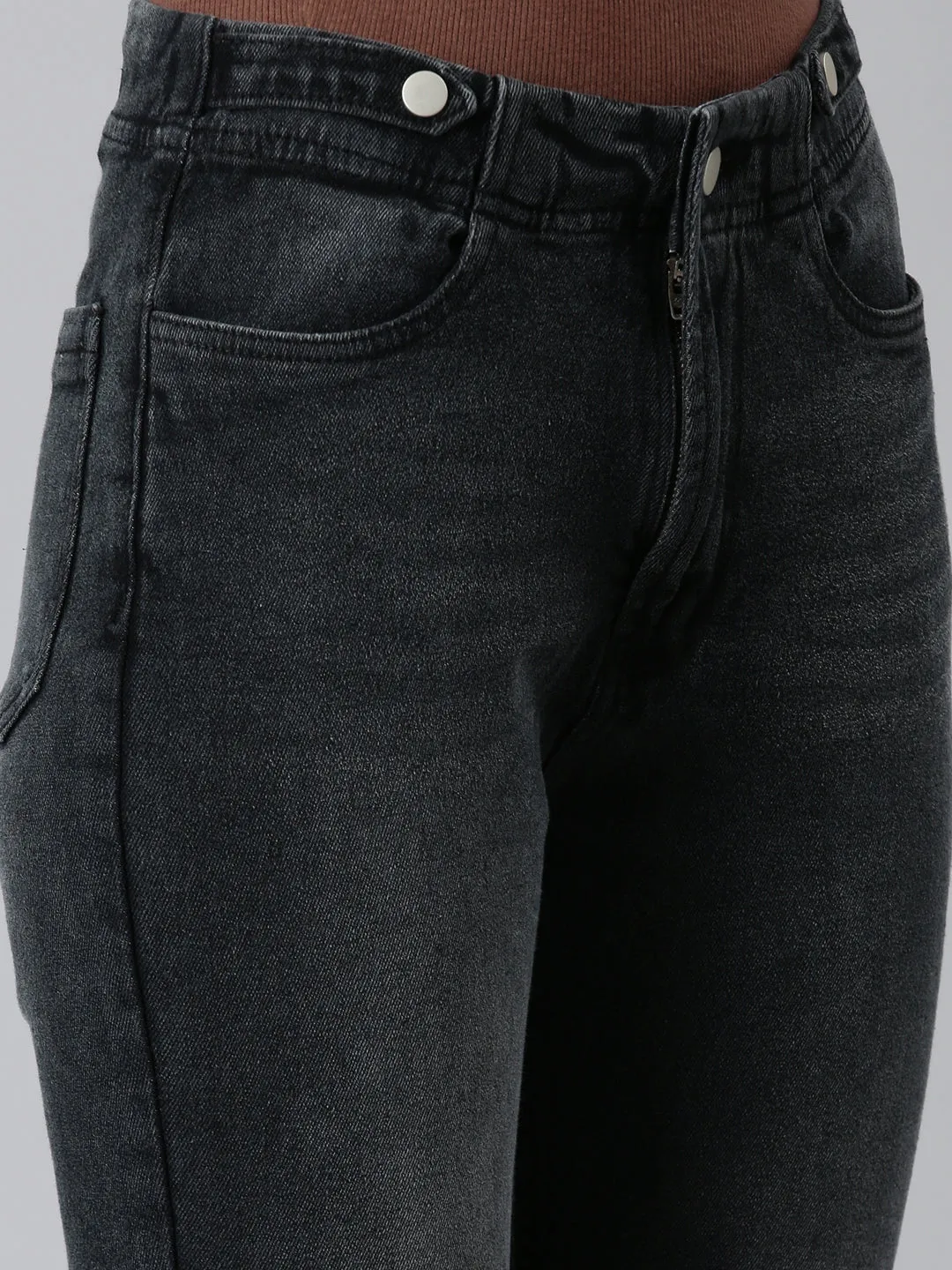 Women Charcoal Solid Regular Fit Denim Jeans