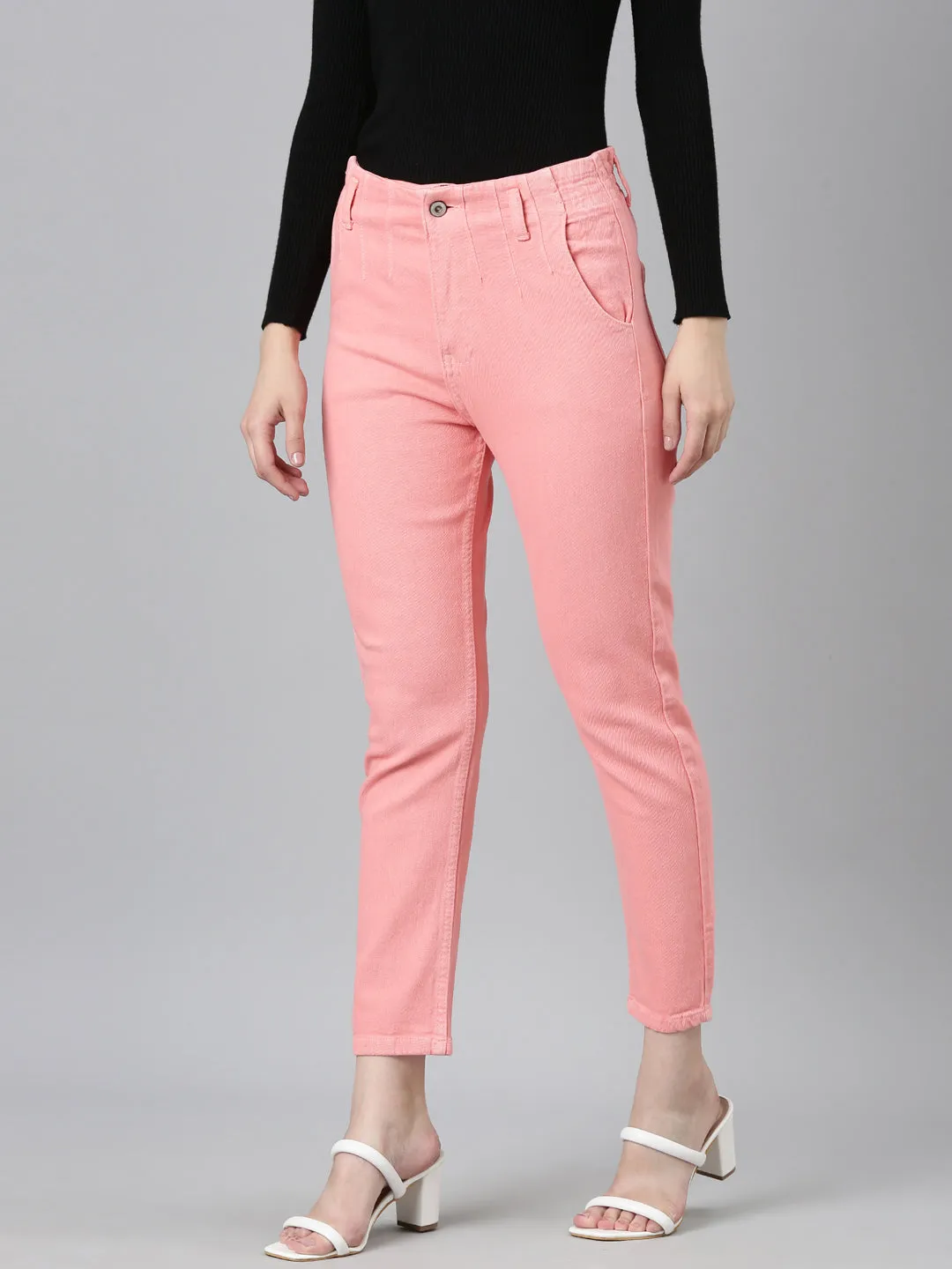 Women Coral Solid Mom Fit Denim Jeans