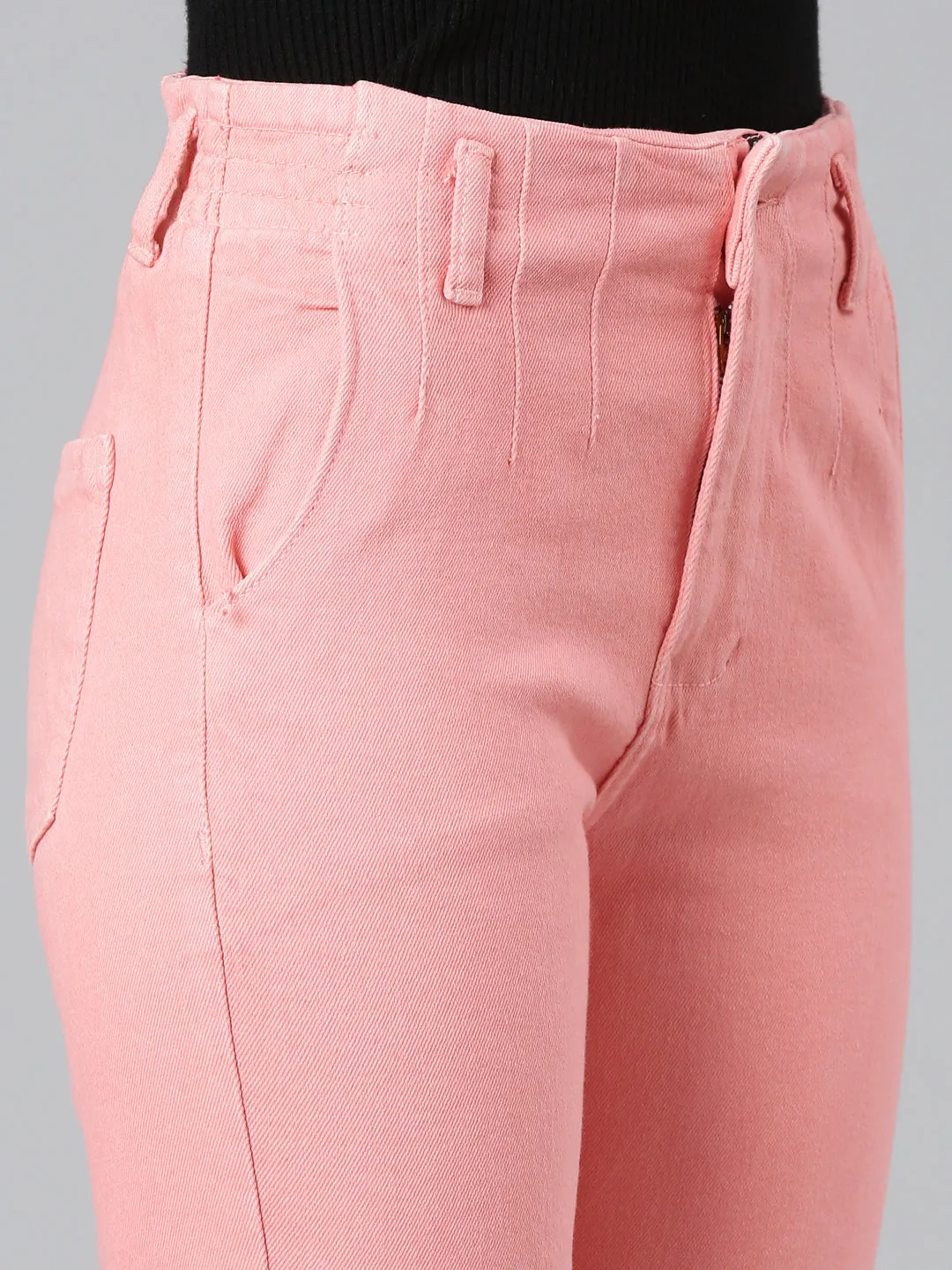 Women Coral Solid Mom Fit Denim Jeans