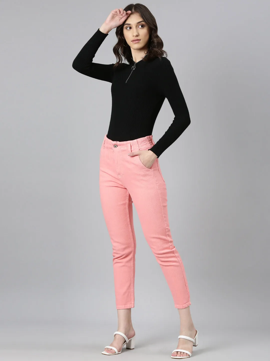 Women Coral Solid Mom Fit Denim Jeans