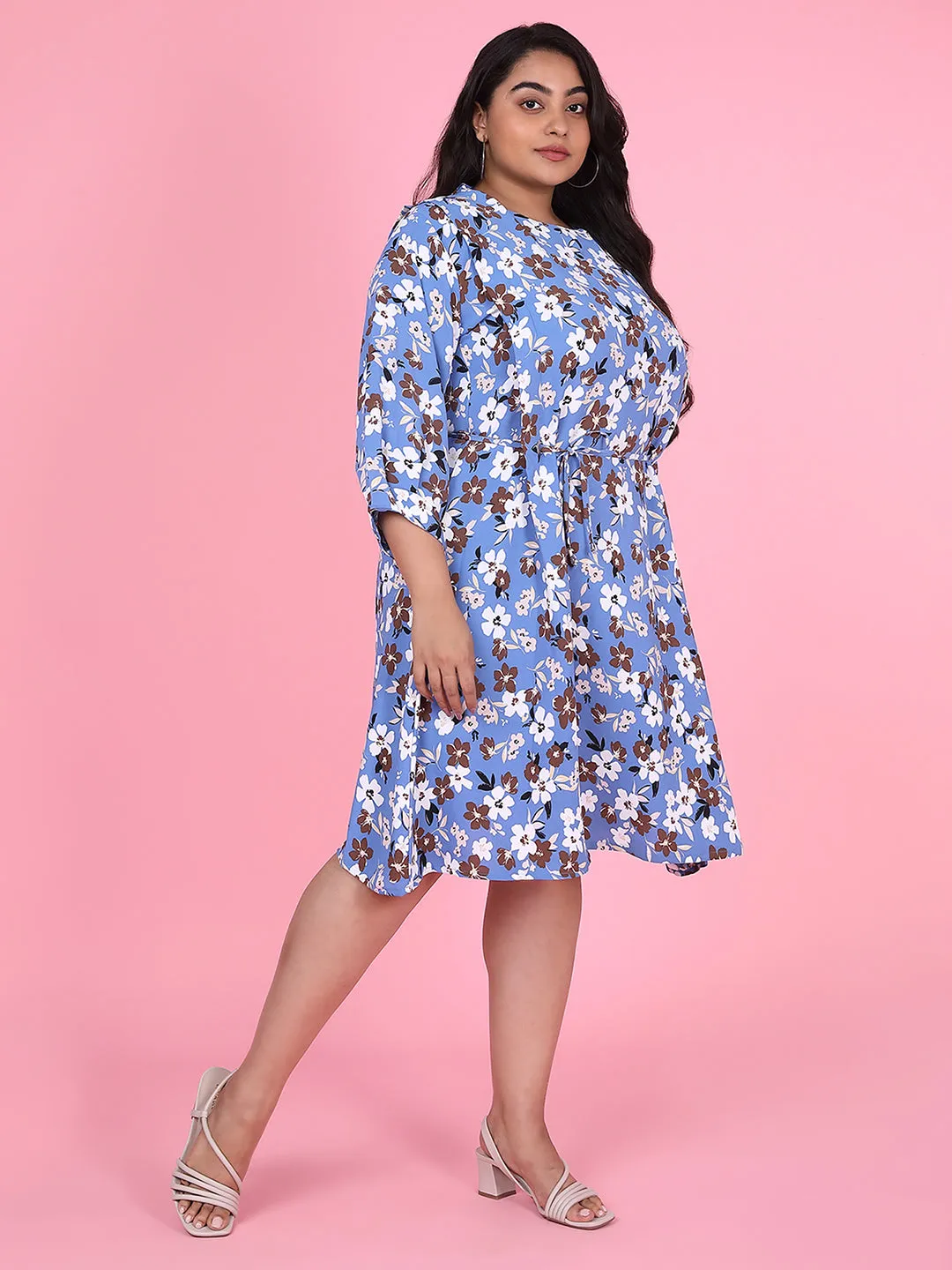 Women Floral Blue Fit and Flare Midi Dress