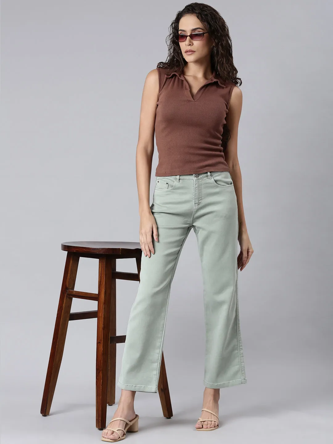 Women Green Solid Straight Fit Denim Jeans