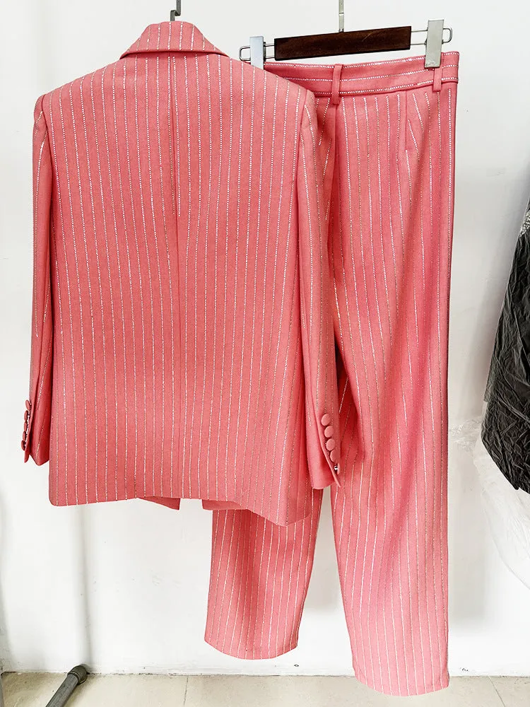 Women Loose Fit Pink Suit with Diamonds Strips - Blazer   Pants / Trousers