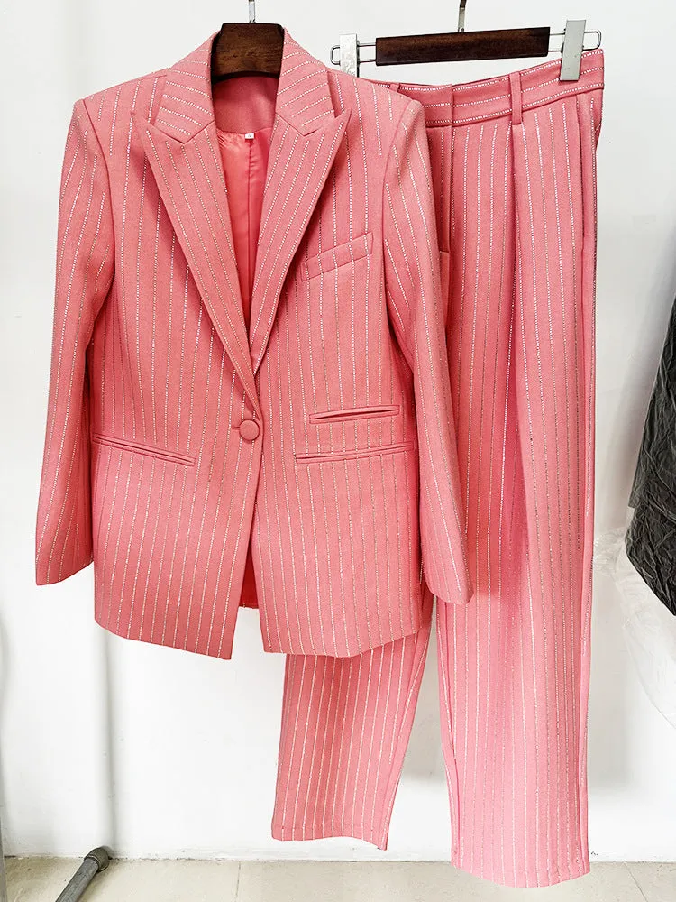 Women Loose Fit Pink Suit with Diamonds Strips - Blazer   Pants / Trousers