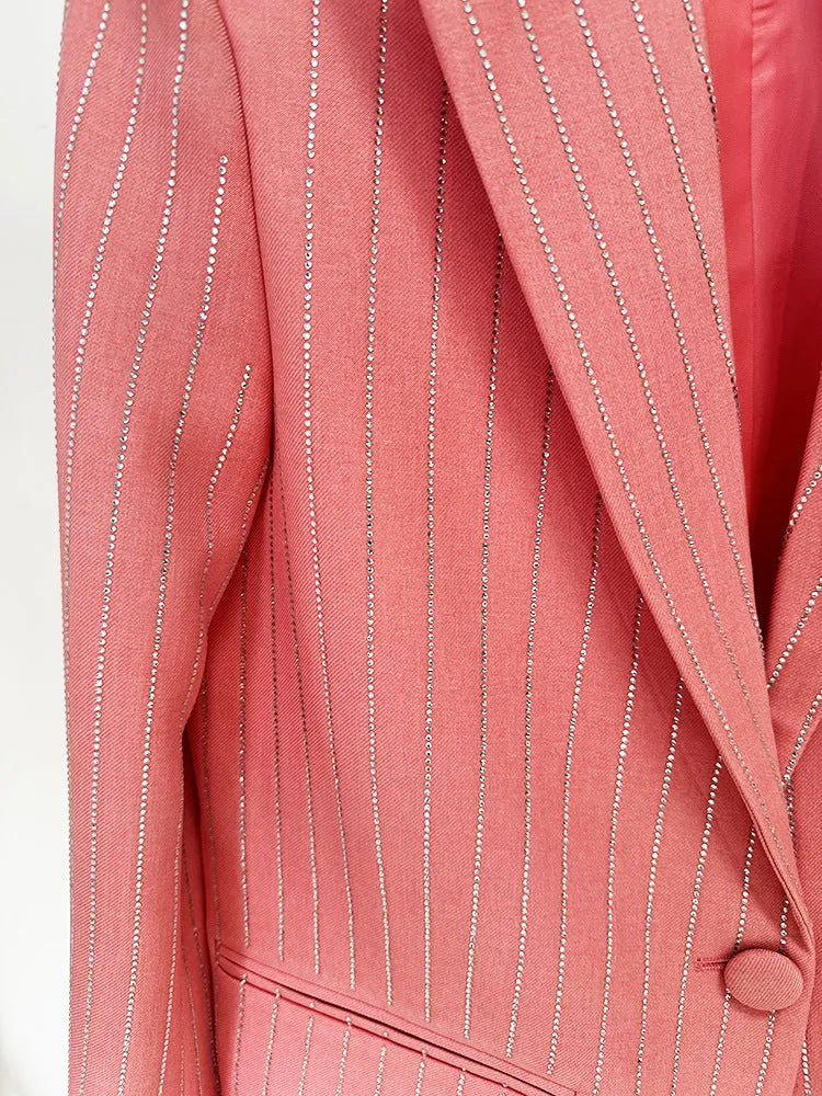 Women Loose Fit Pink Suit with Diamonds Strips - Blazer   Pants / Trousers