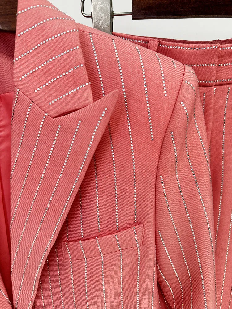 Women Loose Fit Pink Suit with Diamonds Strips - Blazer   Pants / Trousers