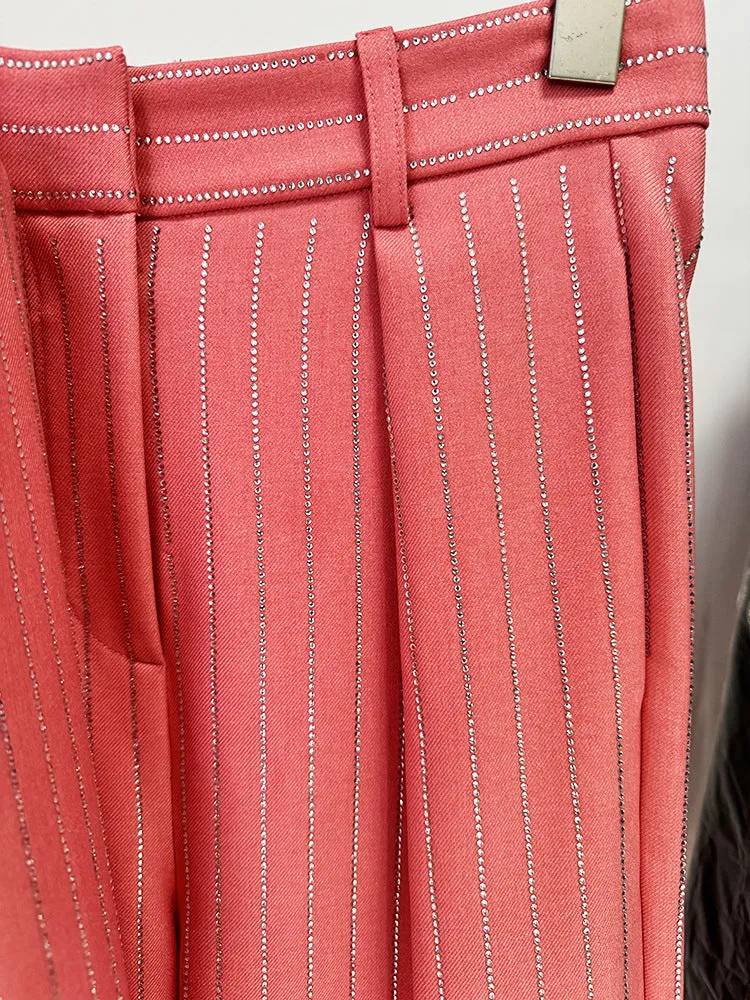 Women Loose Fit Pink Suit with Diamonds Strips - Blazer   Pants / Trousers