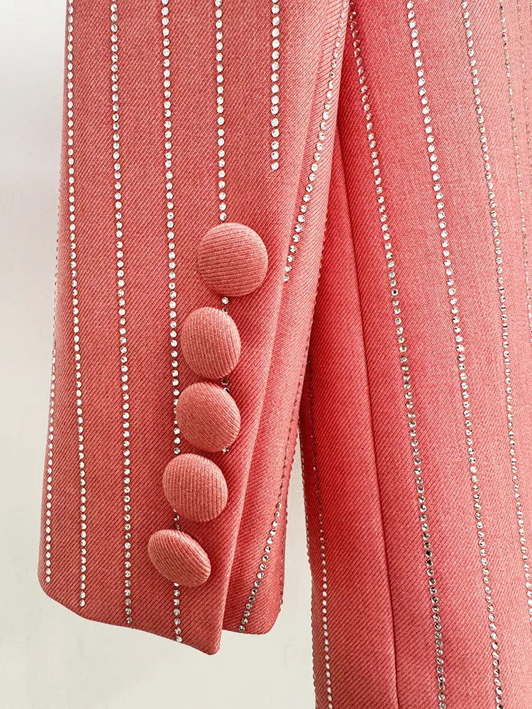 Women Loose Fit Pink Suit with Diamonds Strips - Blazer   Pants / Trousers