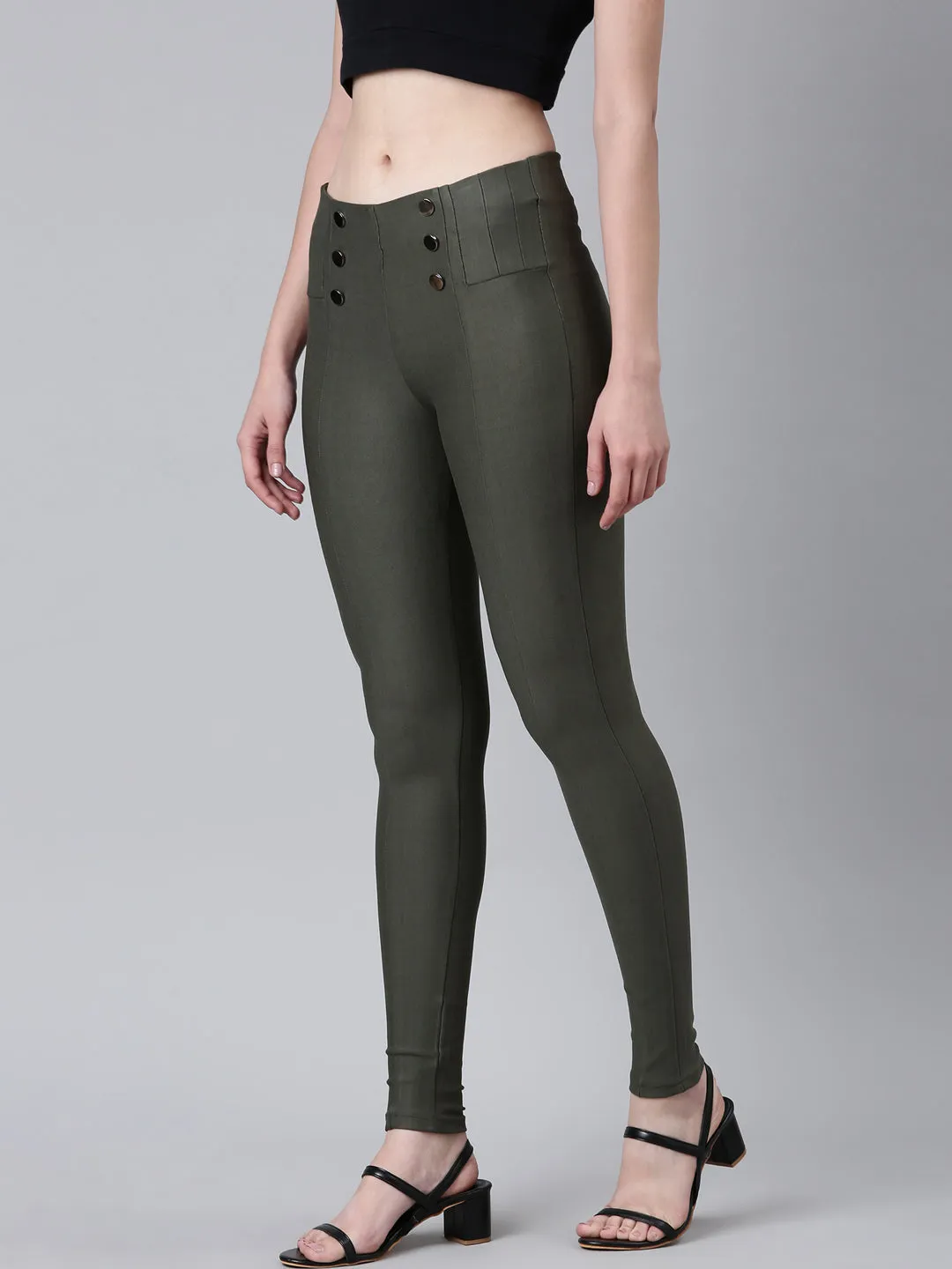 Women Olive Solid Skinny Fit Jeggings