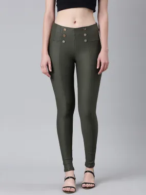 Women Olive Solid Skinny Fit Jeggings