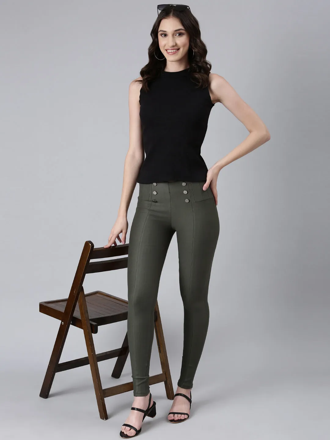 Women Olive Solid Skinny Fit Jeggings