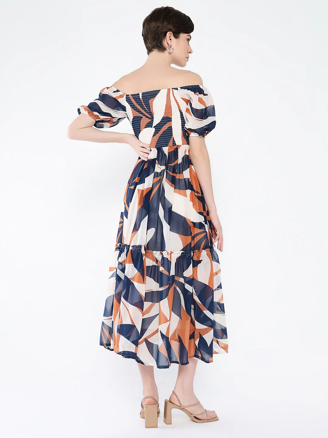 Women Printed Navy Blue Fit and Flare Dress