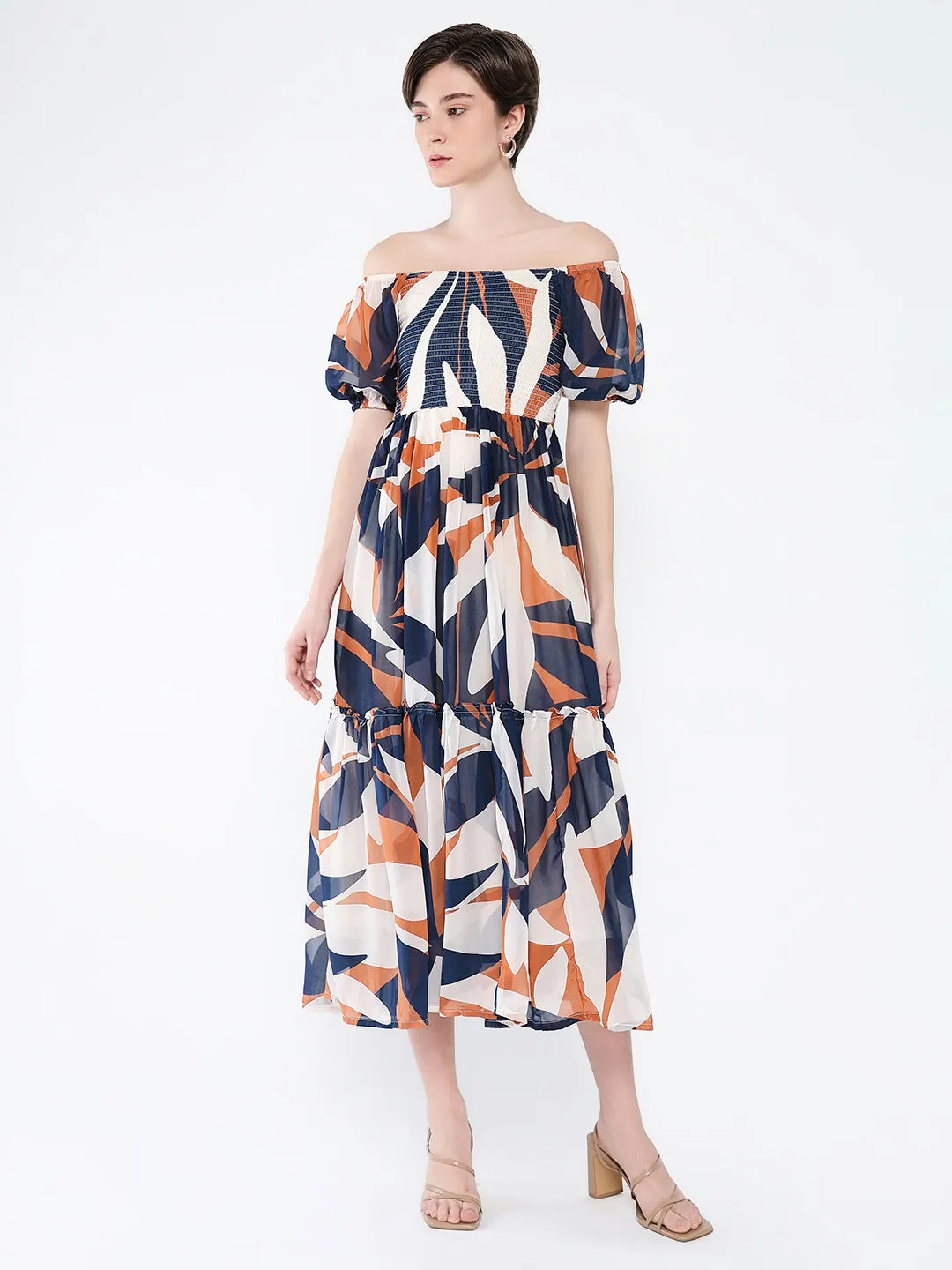 Women Printed Navy Blue Fit and Flare Dress