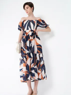 Women Printed Navy Blue Fit and Flare Dress