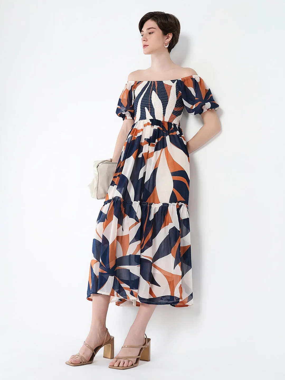 Women Printed Navy Blue Fit and Flare Dress