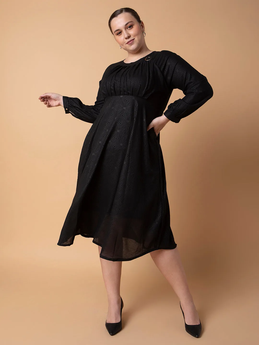 Women Solid Black Fit and Flare Midi Dress