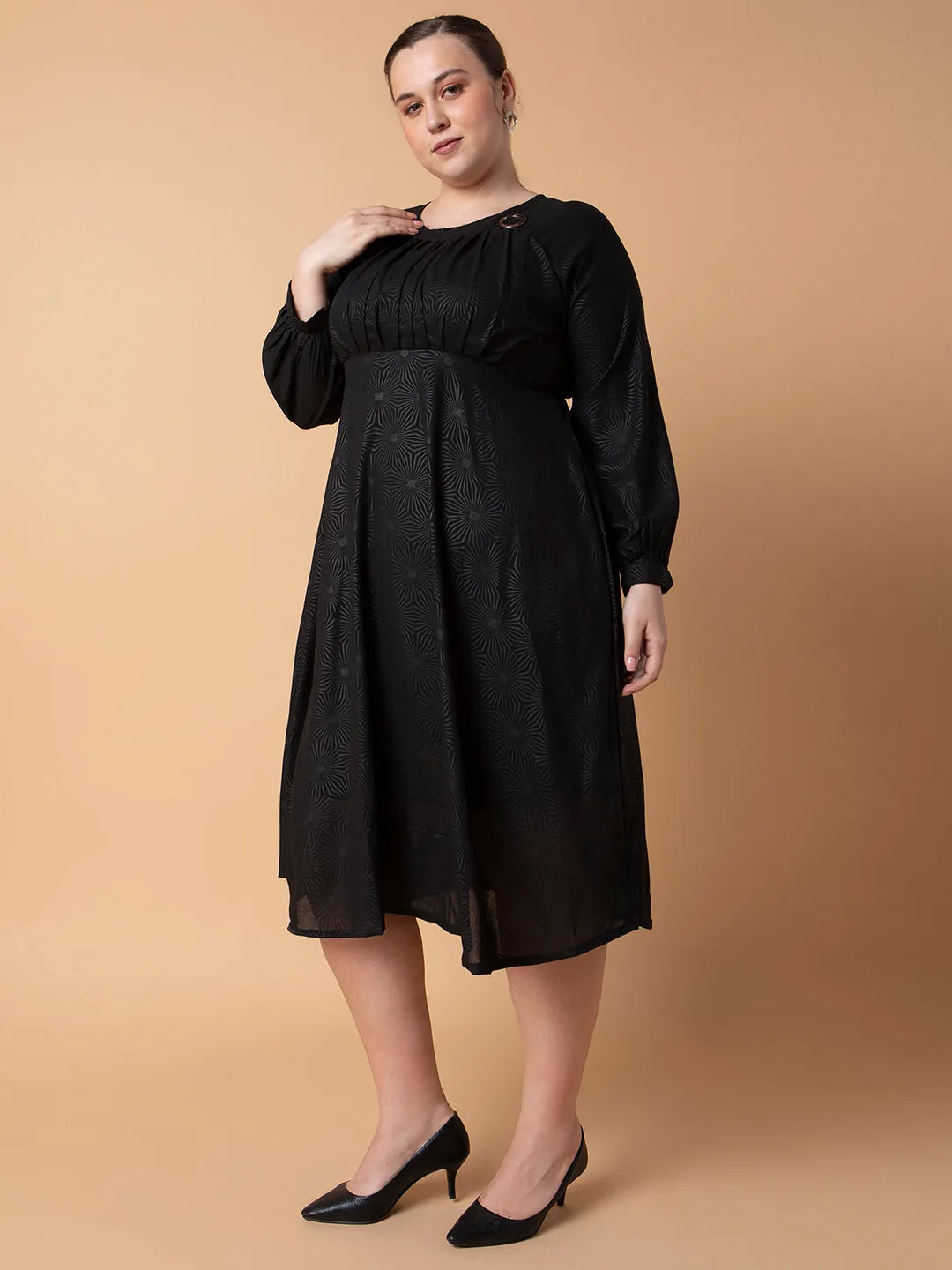 Women Solid Black Fit and Flare Midi Dress