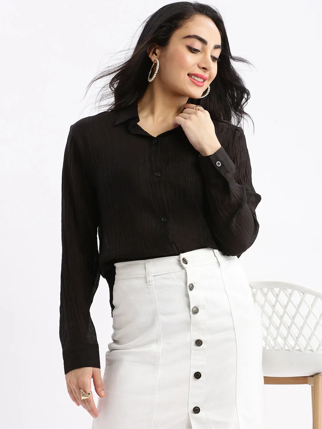 Women Solid Black Slim Fit Shirt