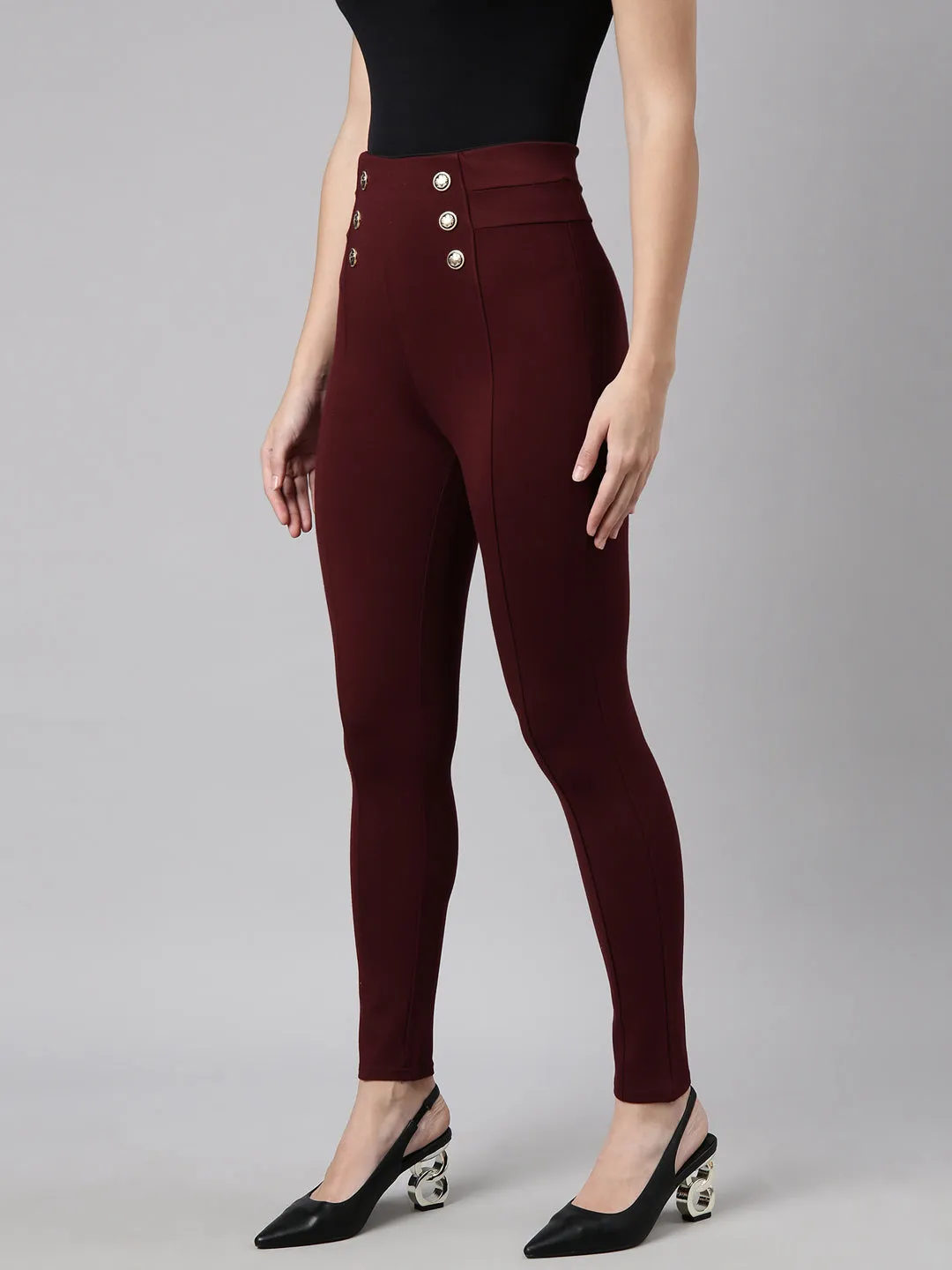 Women Solid Maroon Skinny Fit Jeggings