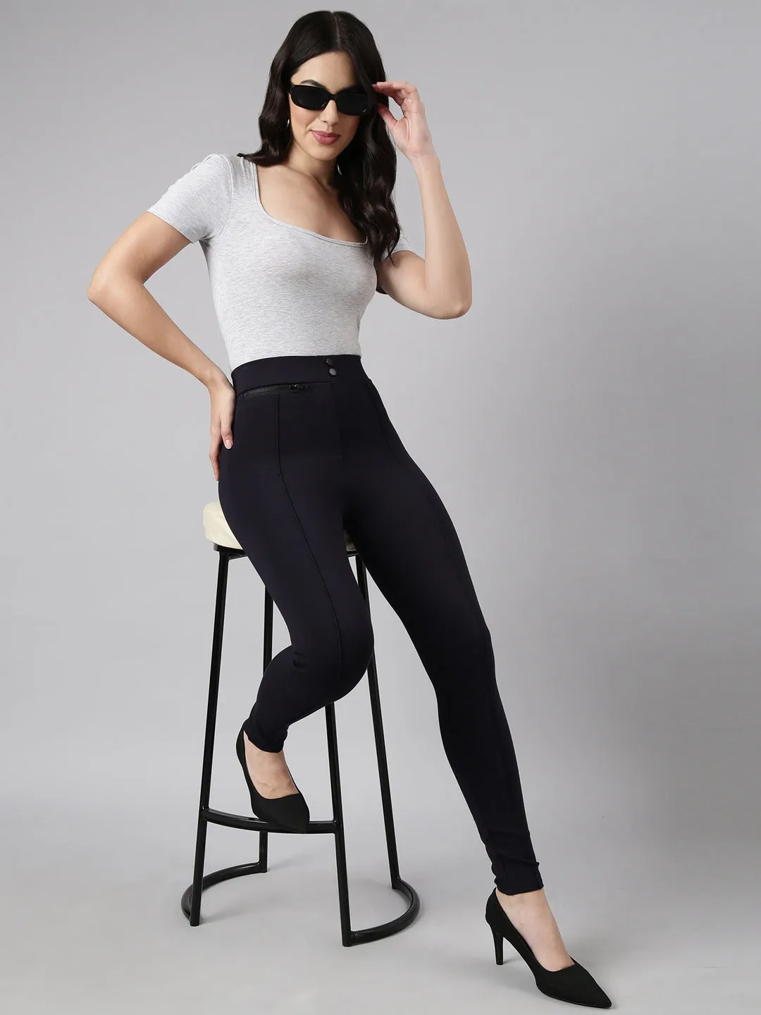 Women Solid Navy Blue Skinny Fit Jeggings