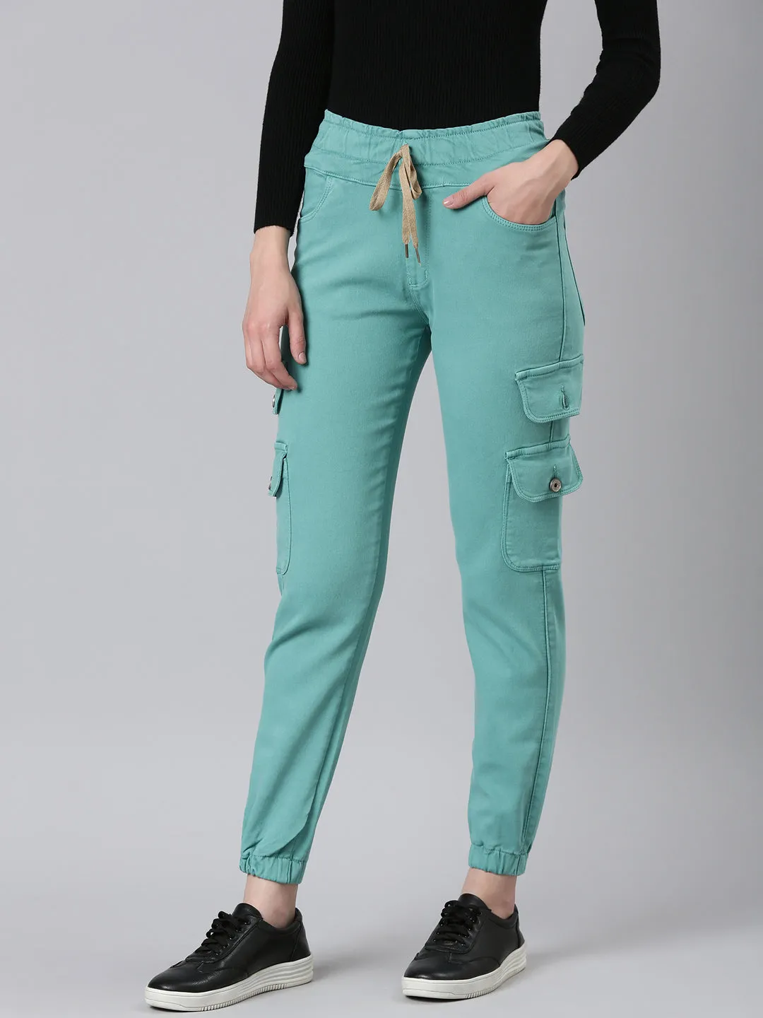 Women Turquoise Blue Solid Regular Fit Denim Jeans