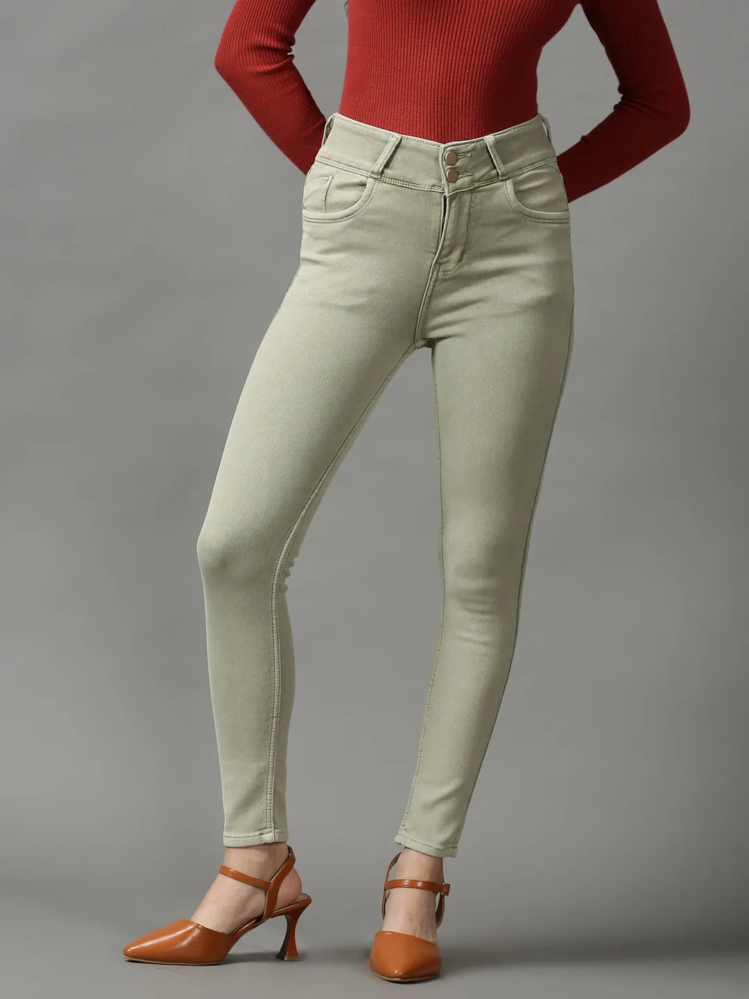 Women's Green Solid Skinny Fit Denim Jeans