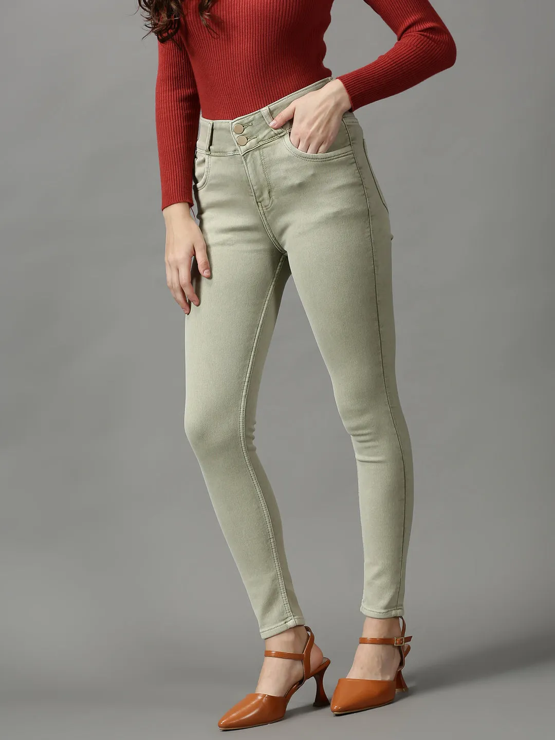 Women's Green Solid Skinny Fit Denim Jeans