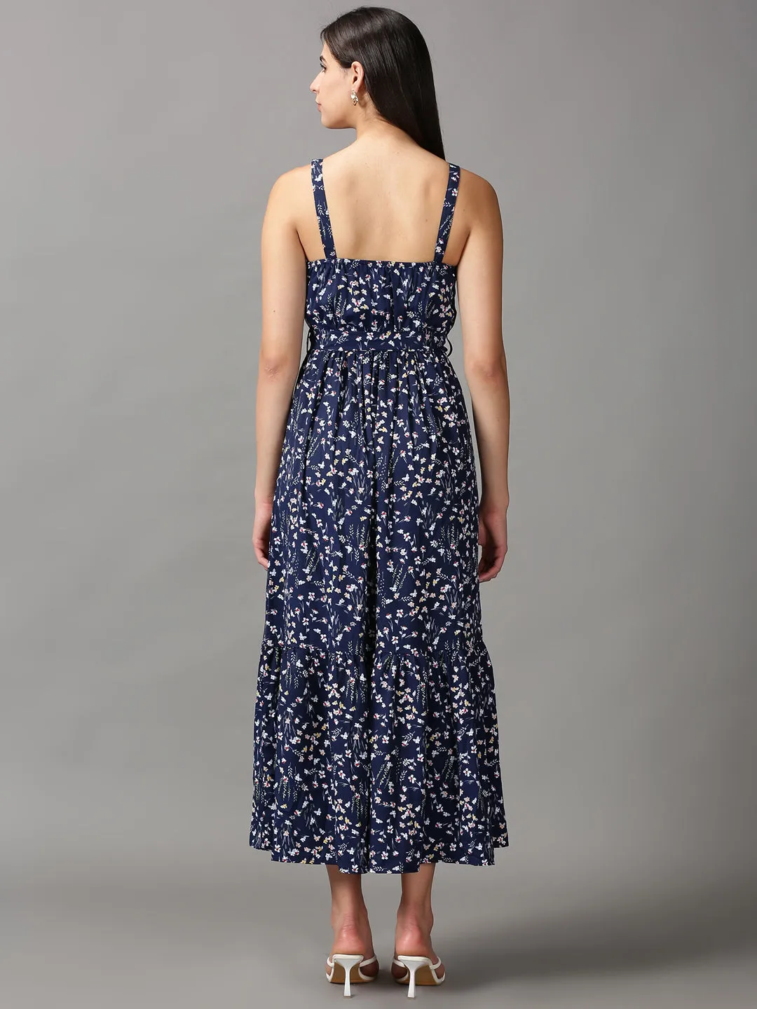 Women's Navy Blue Floral Fit and Flare Dress