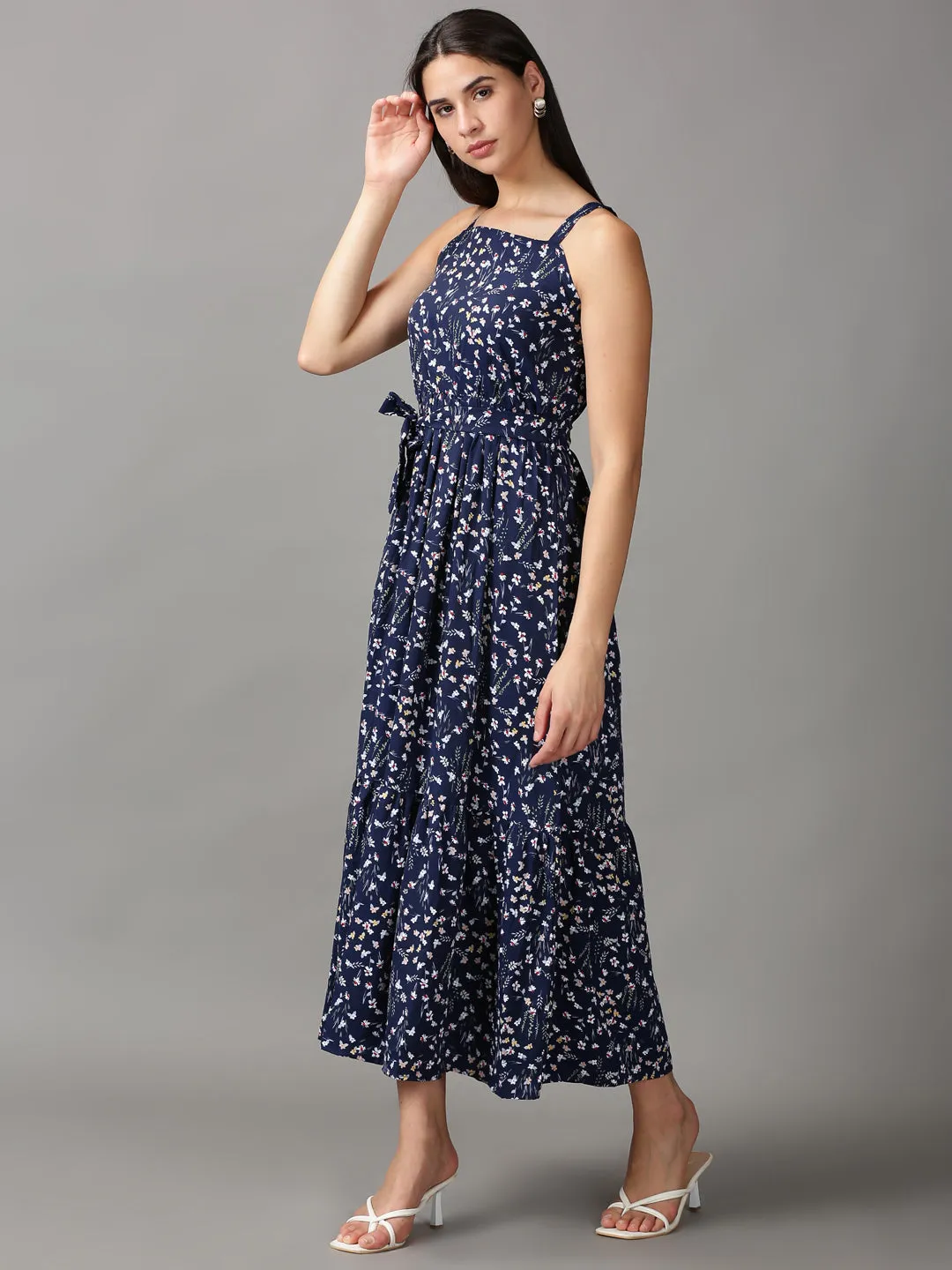 Women's Navy Blue Floral Fit and Flare Dress