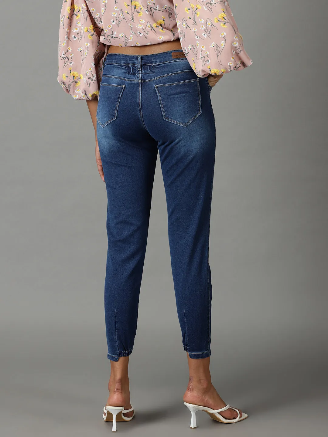 Women's Navy Blue Solid Boyfriend Fit Denim Jeans