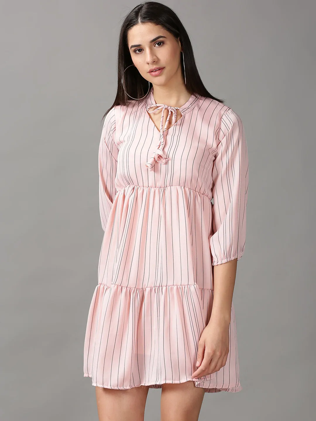 Women's Peach Striped Fit and Flare Dress