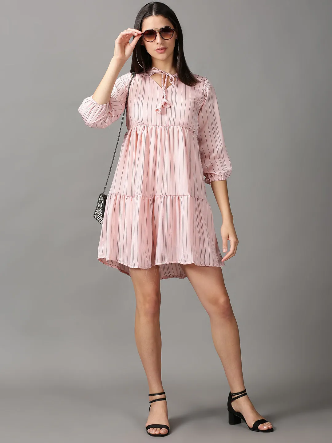 Women's Peach Striped Fit and Flare Dress