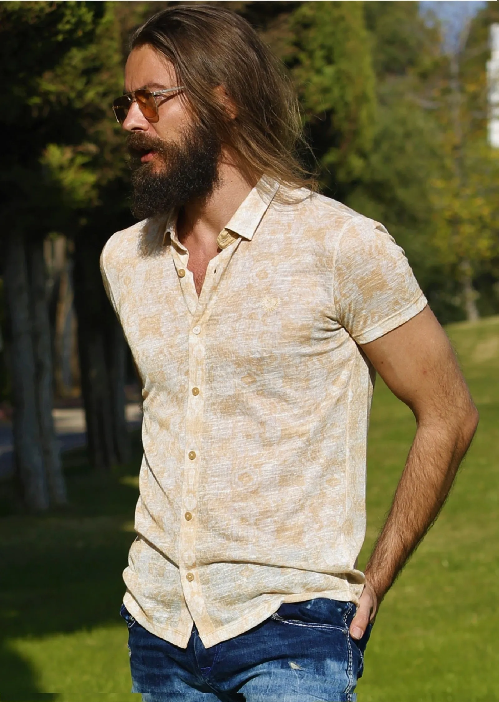 Yellow Linen-Blend Print Shirt